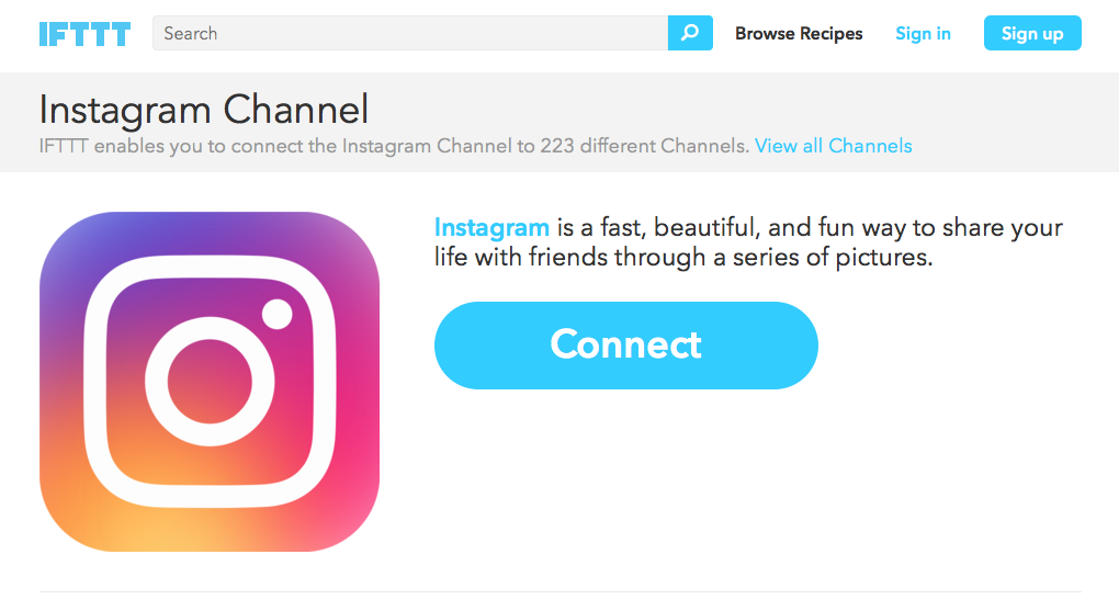 Setup page of IFTTT instagram channel